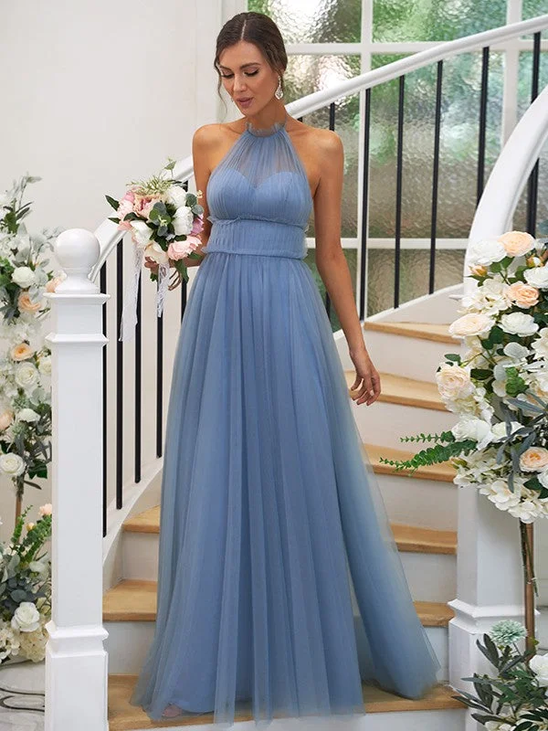 Women's Outerwear Attire Limited - Stock A-Line/Princess Tulle Ruched Halter Sleeveless Floor-Length Bridesmaid Dresses