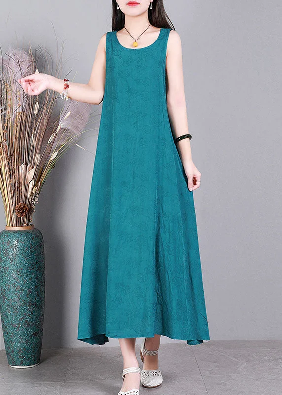 Women's Everyday Clothes Feminine Flow Modern Blue O-Neck Jacquard Linen Party Strap Dress Sleeveless