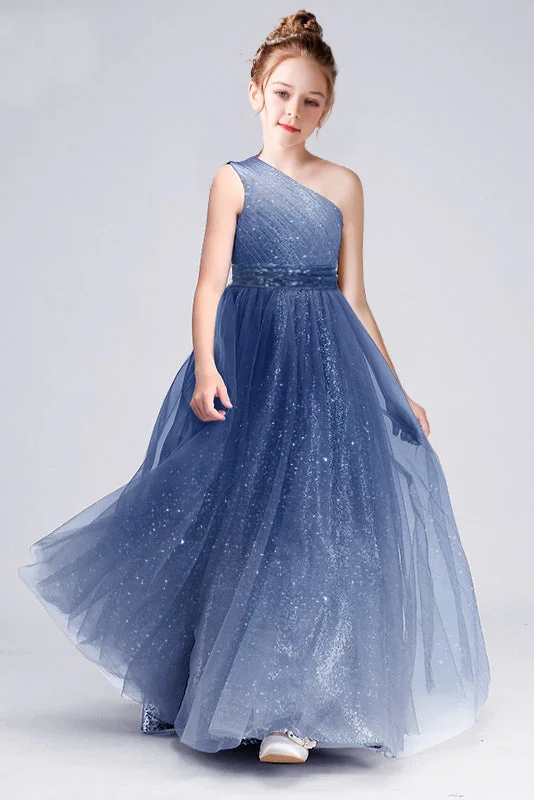 Women's Vintage-Inspired Outfit Coastal Beach - Inspired Style A Line Sparkle Blue One Shoulder Sleeveless Flower Girl Dresses