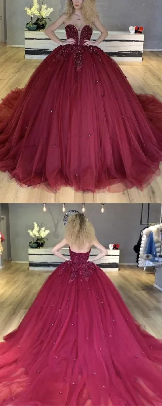 Women's Stylish Outdoor Outfit Burgundy tulle ball gown quinceanera prom dress with lace flowers   cg10893