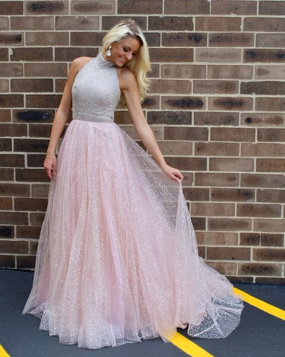 Women's Clothing Apparel Sets Blush Prom Dress,Sequins Pageant Dress,Halter Neckline Prom Gown  cg9024