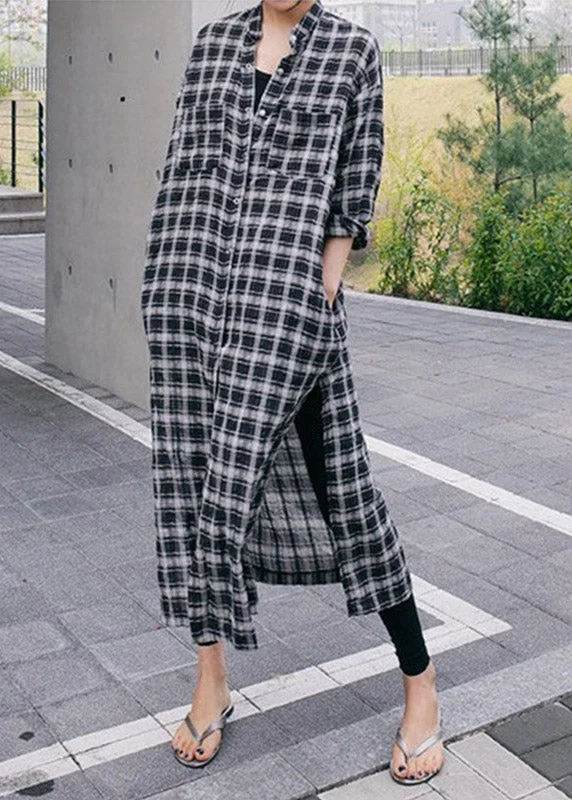 Women's Stylish Vacation Attire Romantic Detailing Loose Peter Pan Collar Asymmetrical Plaid Button Side Open Dress Long Sleeve