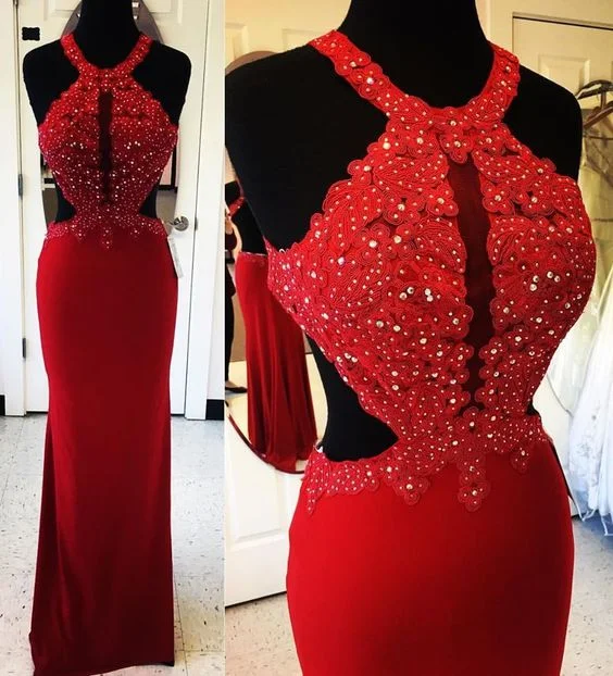 Women's Evening Wear Outfit Red Chiffon Prom Dresses Mermaid Long Evening Dresses Beaded Formal Gowns   cg6149