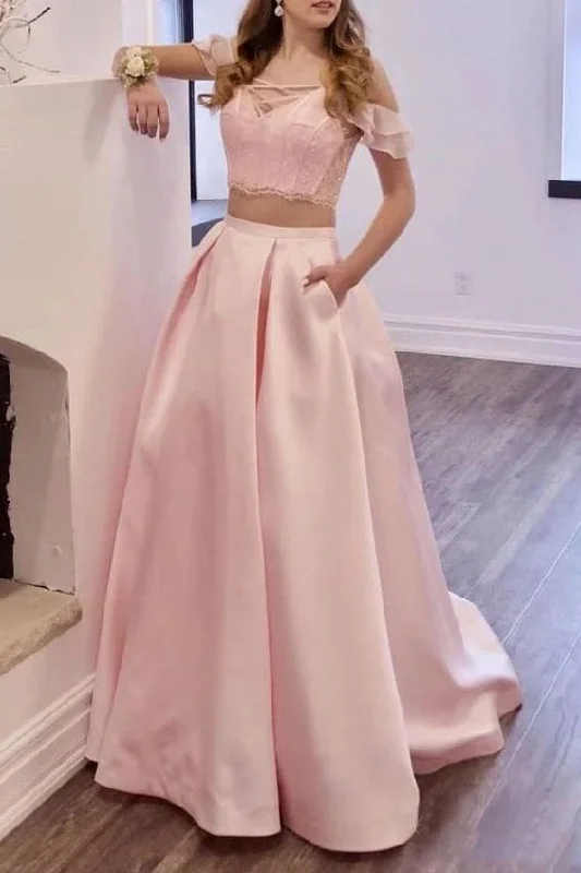 Women's High-Fashion Garments Two Piece Blush Pink Prom Dresses Long Lace Prom Gowns With Pockets  cg4467