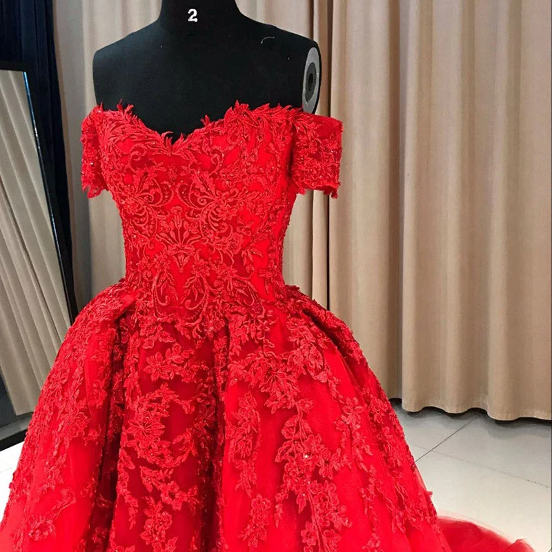 Tailored Clothing For Women Mid - Season Sale LP5536 Red Prom Dresses Long lace Appliqued off the Shoulder Evening Formal Gowns Court  Train