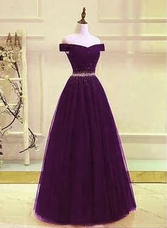 Affordable Women's Clothing Beautiful Dark Purple Beaded Tulle Prom Gown, Off Shoulder Prom Dress  cg7714