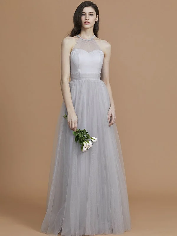 Women's Clothing For Travel Cottagecore Rustic Charm Style A-Line/Princess Halter Sleeveless Floor-Length Ruffles Tulle Bridesmaid Dresses