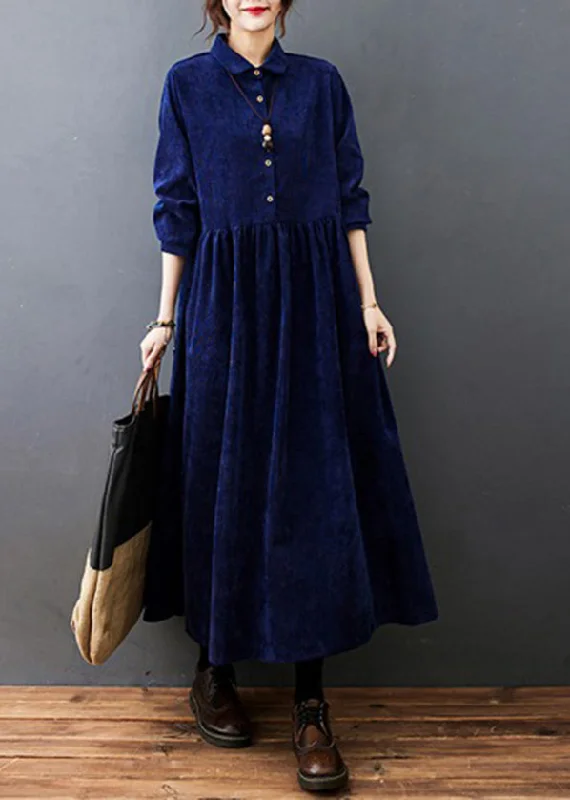 Women's Elegant Evening Attire Vintage Elegance Plus Size Blue Peter Pan Collar wrinkled Corduroy Vacation Dresses Long Sleeve