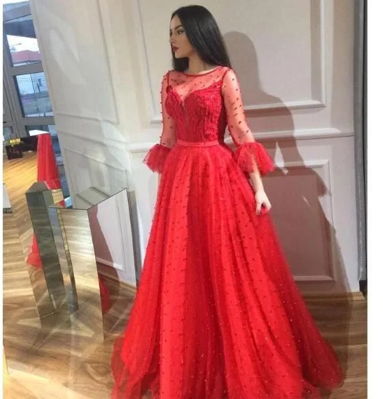 Women's Clothing For Outdoor Events Chic Red Beaded Prom Dresses Long Sleeves Sheer Bateau Neck Evening Gowns Floor Length   cg6896