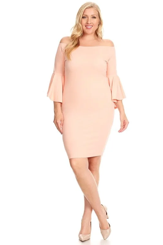 Women's Resort Attire Flowy Fabric Plus Size Off Shoulder  with 3/4 bell sleeves bodycon Party Dress