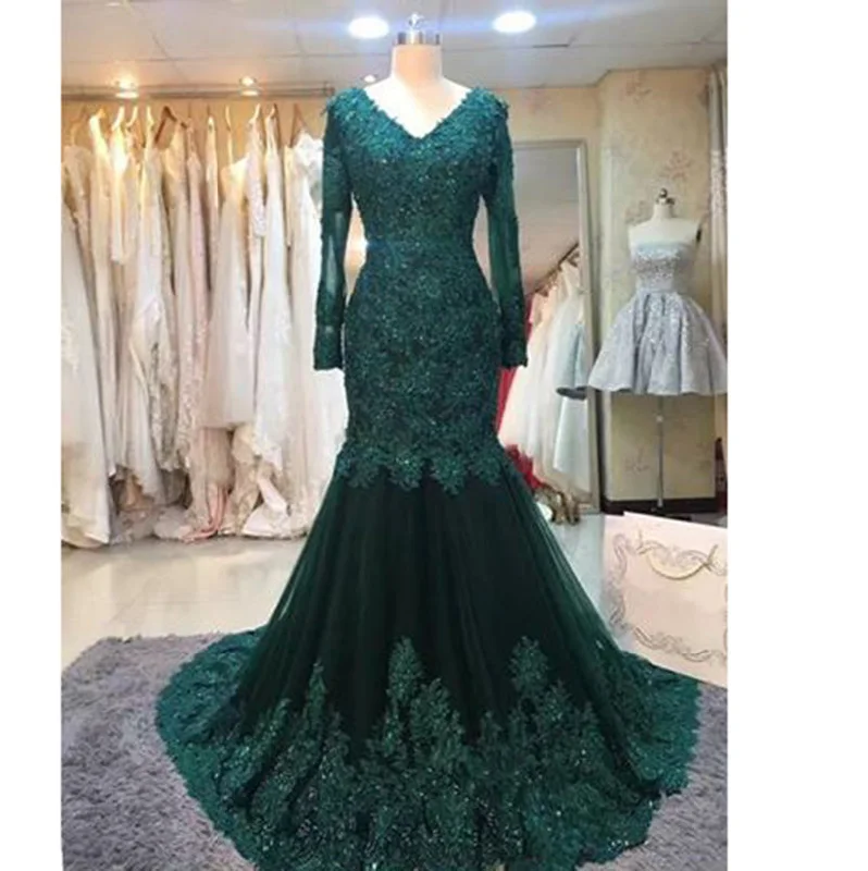 Women's Apparel And Garments Feminine Elegance Dark Green Lace Embellishment Mermaid Evening Gown Mother of the Bride Dresses Women Formal Dress 2020