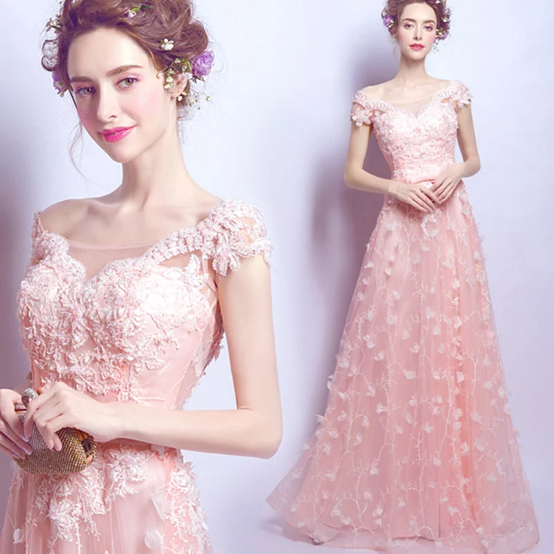 Women's Casual Wear Outfit Feminine Charm Gorgeous Coral Pink Short Sleeves Girl Prom Dresses Long with Lace Flowers 2020 Evening Party Gown LP6610