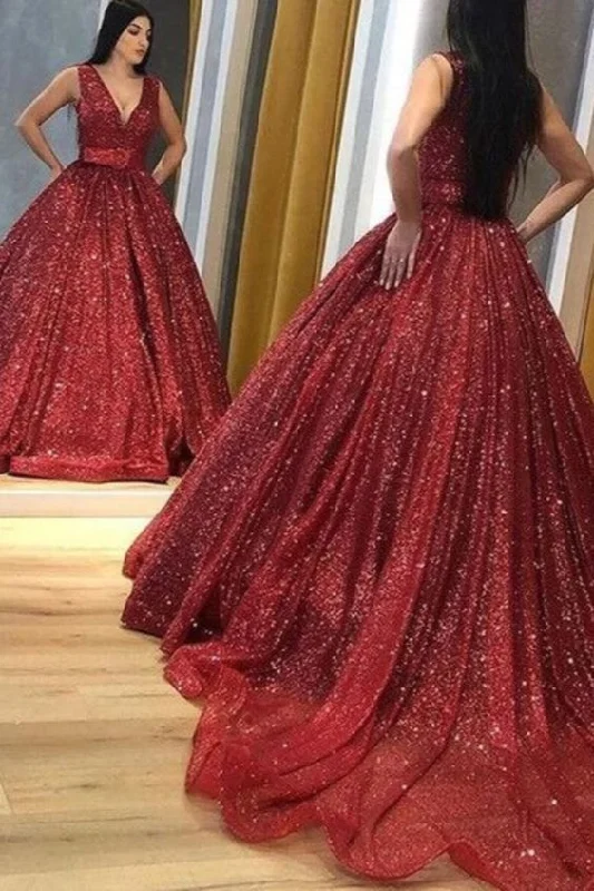 Women's Travel Outfit Set glitter red long formal dress with v neckline prom gown   cg10932