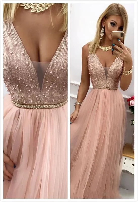 Luxury Women's Clothing Popular Tulle Prom Dresses A-line Beaded Evening Gowns   cg7326