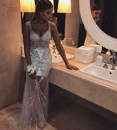 Women's Vacation Garments Sparkle Mermaid Tulle Prom Dresses Two Straps Beading Crystals Evening Party Gowns    cg10018