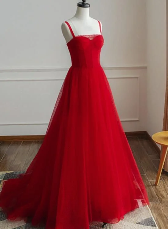 Women's Activewear Attire Beautiful Red Straps Tulle Elegant Formal prom Gowns, Red Party Dresses, Red Formal Gowns cg5545