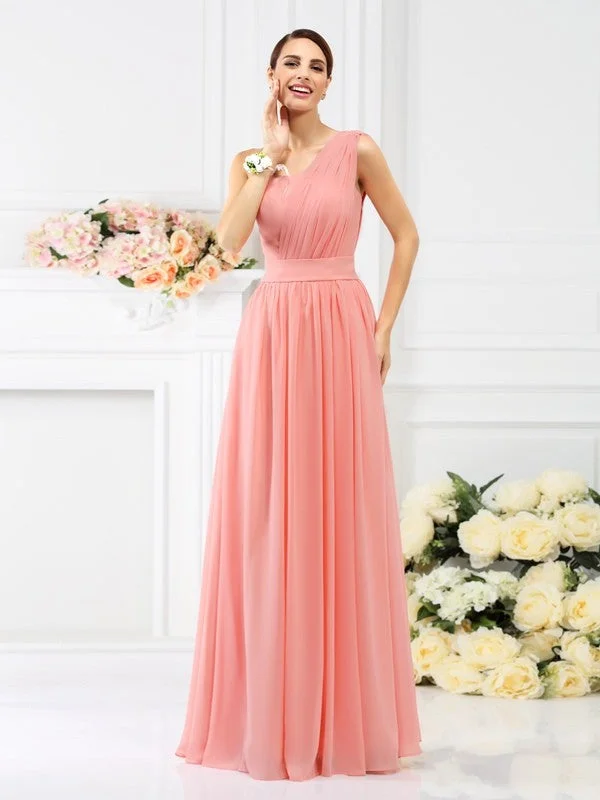 Women's Athletic Clothes Playful Elegance A-Line/Princess One-Shoulder Pleats Sleeveless Long Chiffon Bridesmaid Dresses