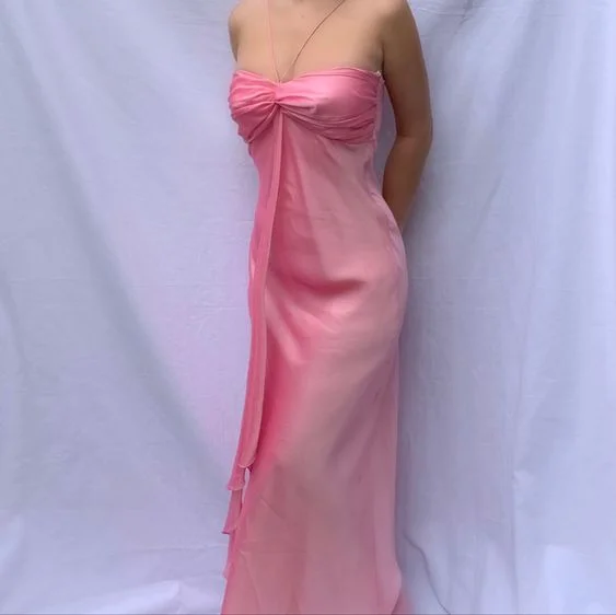 Women's Professional Apparel Big Savings on Minimalist Office Styles Vintage A Line Halter 90s Pink Chiffon Prom Dresses Evening Gowns C3040