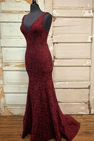 Women's Active Clothing Mermaid Burgundy Lace Long Formal prom Gown  cg7402