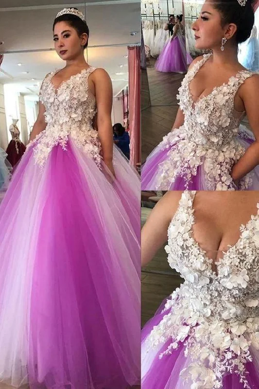 Women's Contemporary Apparel Fantastic Tulle V-neck Neckline Floor-length Ball Gown Prom Dresses With Lace Appliques & Beaded Handmade Flowers   cg8595