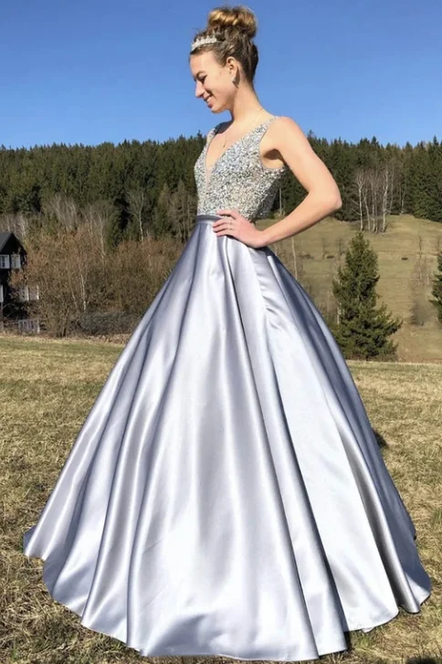 Women's Vacation Garments Flowy Fabric Gray satin beads long prom dress evening dress  cg8967