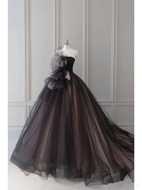 Women's Holiday Outfit Dreamy Aesthetic Pretty Ball Gown Strapless Black Tulle Long Prom Dresses Party Gown Evening Dress C3772