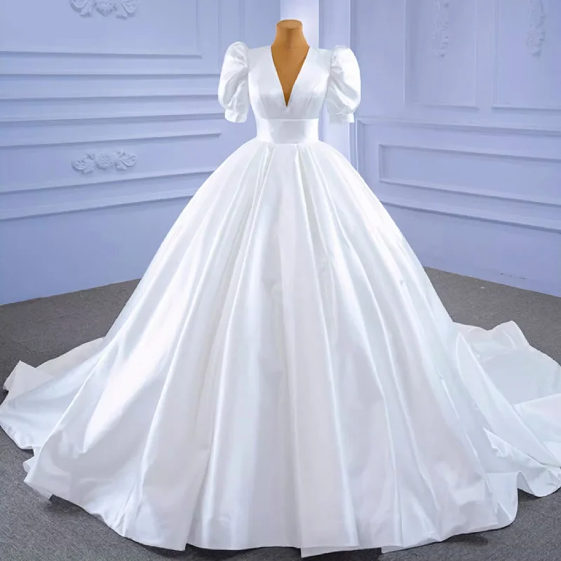 Women's Vintage-Inspired Clothing Spring Fling Sale Modest Ball Gown Half Puff Sleeve Satin Wedding Dress with Vneck