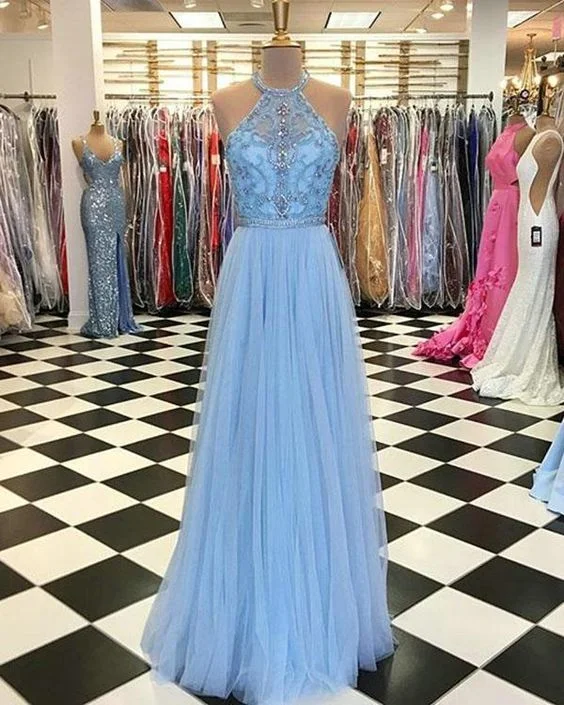 Chic Clothes For Women Delicate Light Sky Blue Prom Dresses with Halter Beaded Tulle Ruffles Long Prom Gowns  cg8553