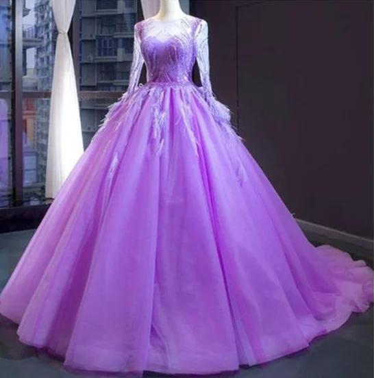 Women's Seasonal Wardrobe Clothing Purple Ball Gown Tulle Long Sleeve Beading Sequins Luxury Prom Dress  cg7012