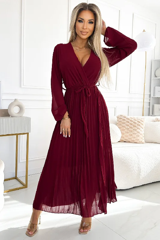 Affordable Women's Clothes Beat the Heat in Tropical Styles Pleated chiffon dress with scoop neckline; long sleeves and tied belt - burgundy