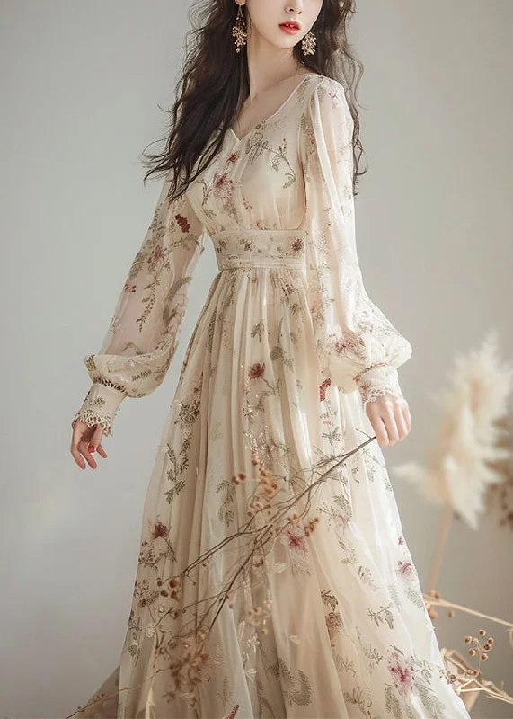 Formal Garments For Women Alluring Design Elegant V Neck Print High Waist Chiffon Dress Long Sleeve