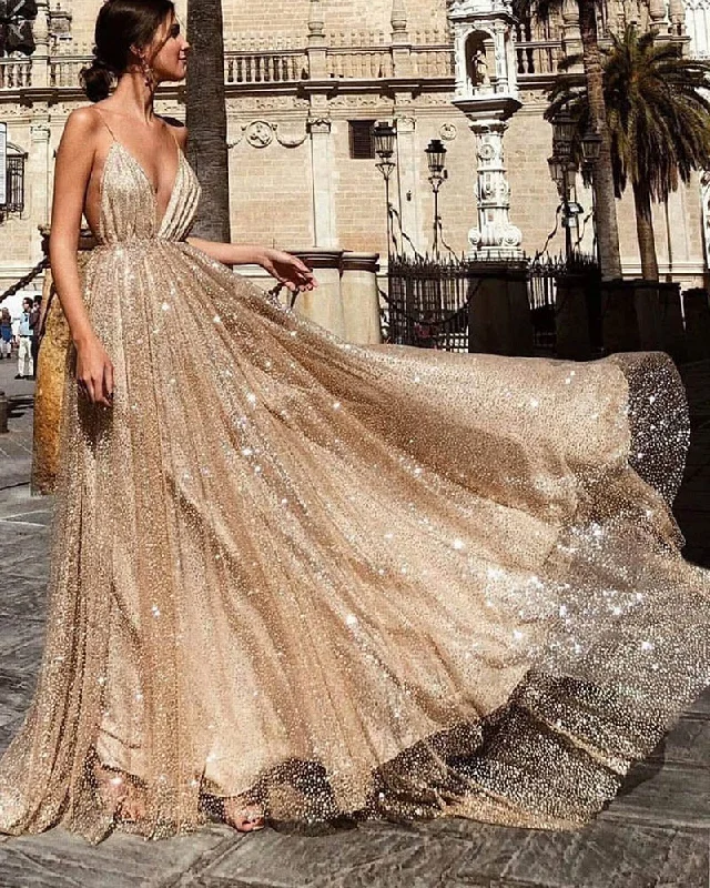 Women's Wardrobe Apparel Summer Splash Sale Spaghetti Straps Sequins Gold Women Formal Dresses Long Evening Party Gowns