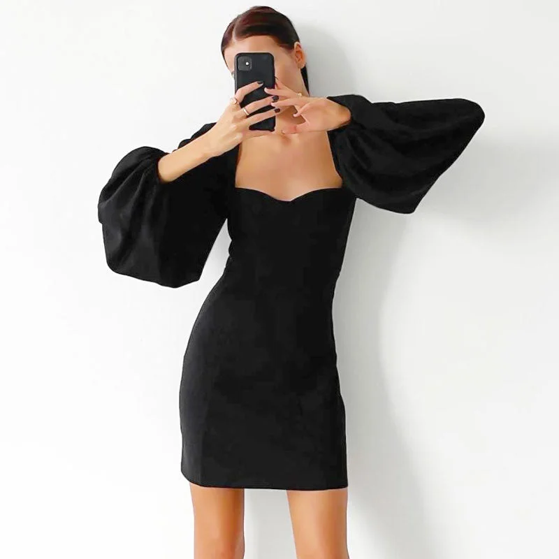 Women's Comfortable Garments Elegant Details Bishop Sleeve Sweetheart Neck Bodycon Party Mini Dress - Black