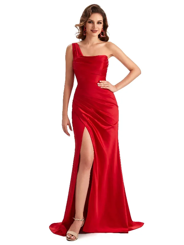 Women's Office Clothing Limited - Edition Drops Sexy One Shoulder Side Slit Silky Satin Chic Long Mermaid Trumpet Wedding Guest Dresses