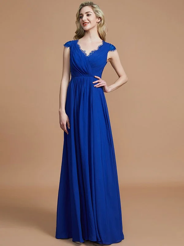 Vintage Clothing For Women Casual Weekend Relaxed Style A-Line/Princess V-neck Sleeveless Ruched Floor-Length Chiffon Bridesmaid Dresses