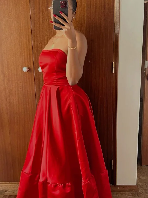 Women's Luxury Apparel Chic Urban Fashion Look Vintage Ball Gown Strapless Red Tea Length Prom Dresses Evening Gowns C3062