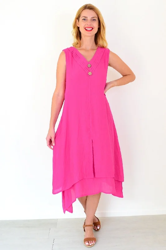 Stylish Women's Garments For Holidays Vintage Elegance Hot Pink Sleeveless Coconut Button Tunic Dress