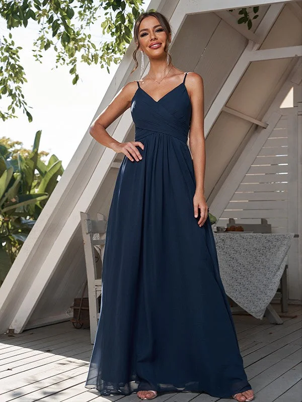 Women's Layered Outfit Soft Textures A-Line/Princess Chiffon Ruched V-neck Sleeveless Floor-Length Bridesmaid Dresses