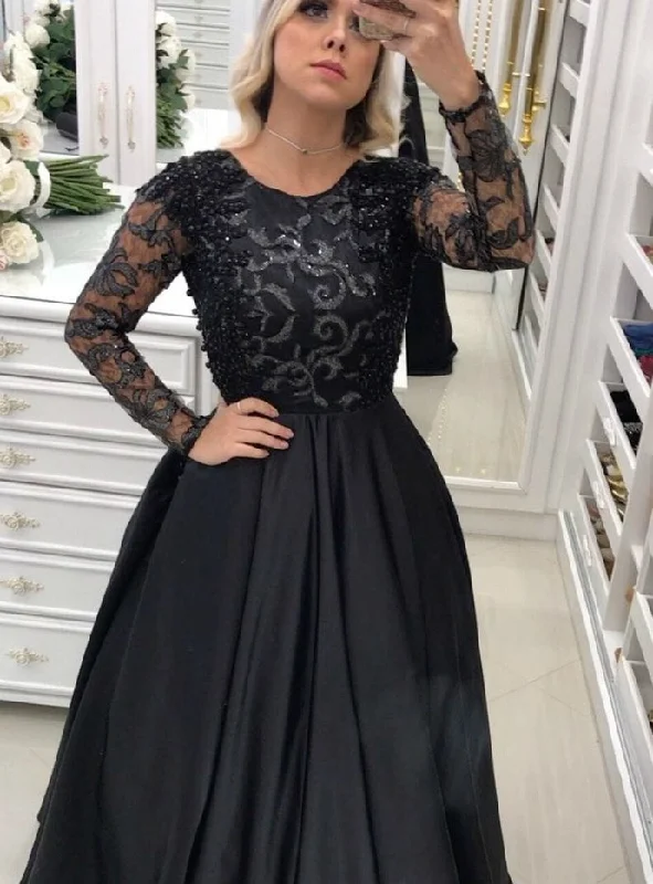 Women's Clothing Classic Timeless Elegant Style Sheer Back Black Satin Appliques Evening prom Dress With Long Sleeves,    cg12917