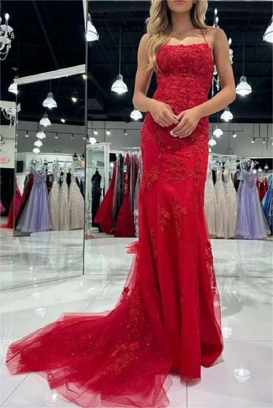 Women's High-Fashion Outfit Alluring Design Women Sheath Lace Prom Dresses Long Backless Appliques Evening Gowns Sleeveless Formal Party Dress YPD652