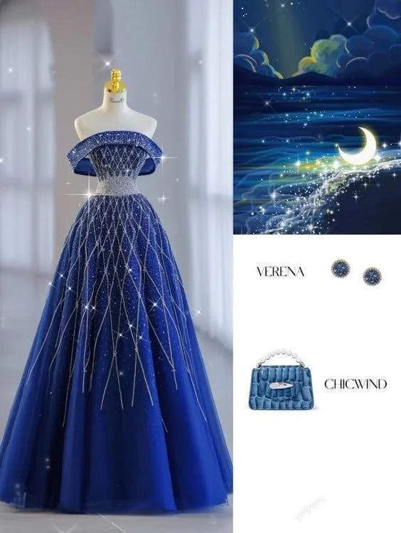 Women's Outerwear Clothing Art Deco Geometric Pattern Look Pretty Ball Gown Off The Shoulder Long Royal Blue Tulle Floor Length Prom Dresses C2860