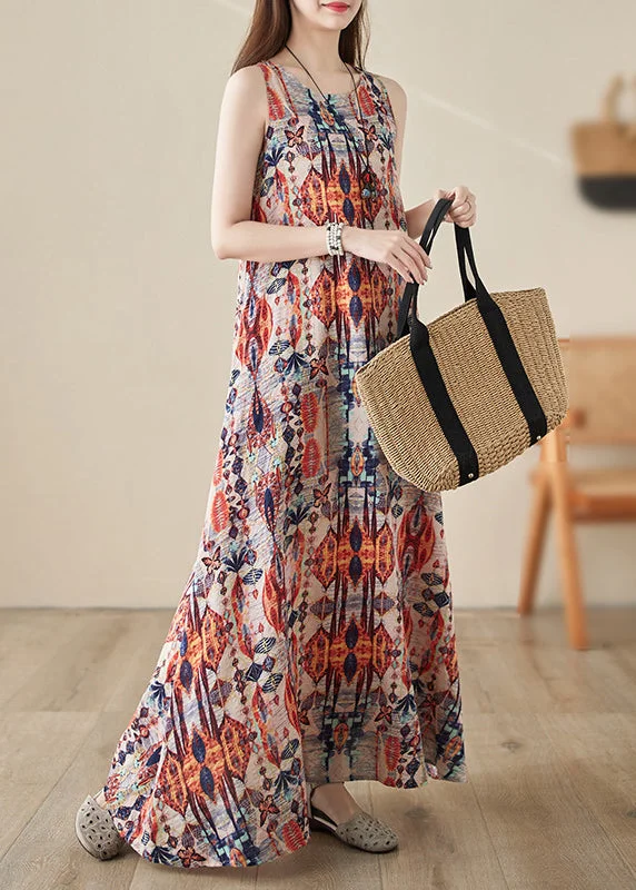 Women's Evening Wear Outfit Classic Charm Boho Orange Print Cozy Long Dresses Sleeveless