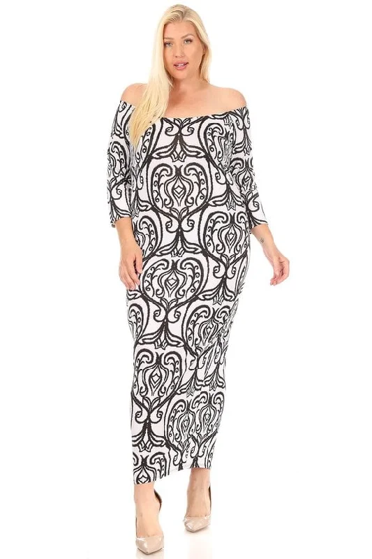 Women's Chic Outerwear Attire Everyday Glamour Plus Size Women Damask Design Off-Shoulder Bodycon Dress Maxi Dress