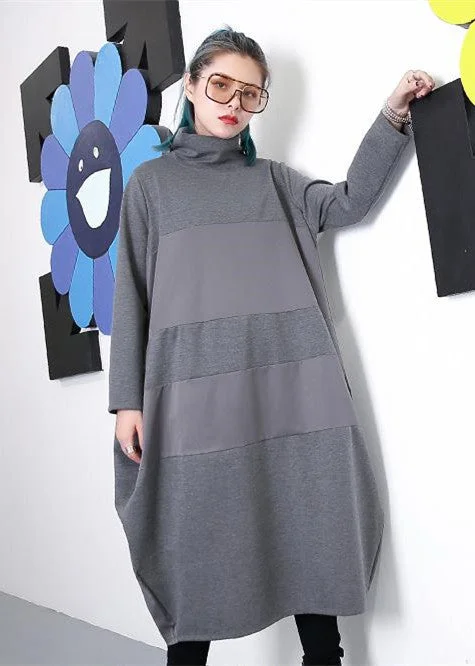 Women's Vacation Garments Dreamy Draping Elegant gray shift dress trendy plus size long sleeve New Turtleneck patchwork cotton blended clothing dress