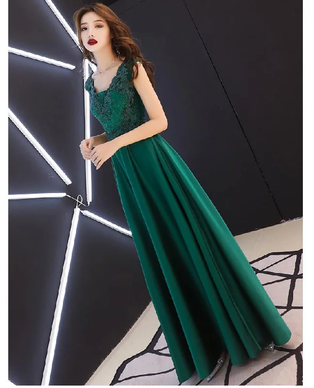 Women's Timeless Attire Huge Savings on Parisian Styles Green Satin A-Line Long Party Dress With Lace, Beaded Satin Evening Dress Prom Dress   cg16875