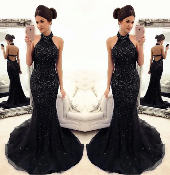 Women's Casual Garments black mermaid prom dresses crystal beaded evening gowns with halter top cg4673