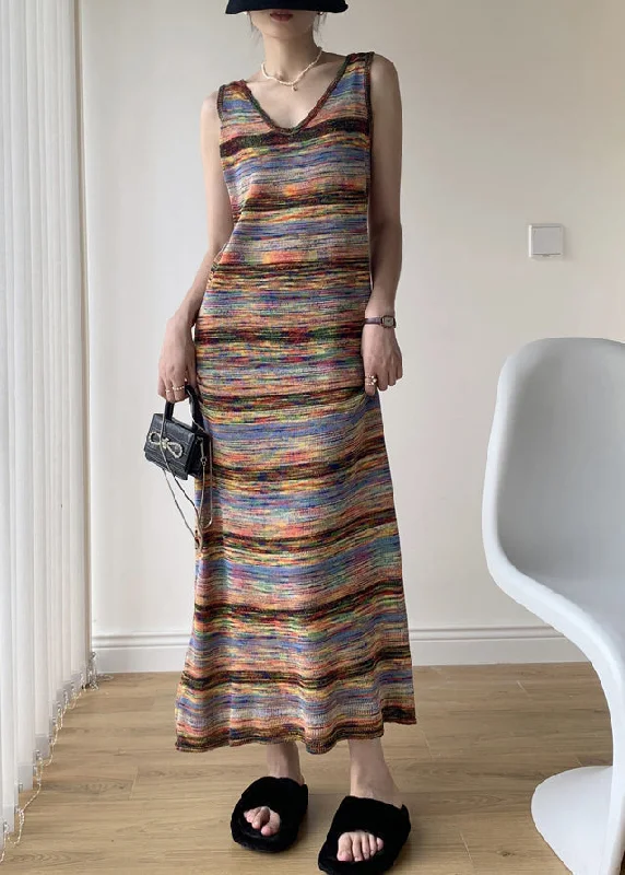 Women's Seasonal Apparel Limited Quantities Fine Rainbow Striped V Neck Knit Long Dresses Sleeveless