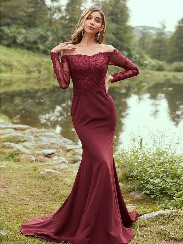 Women's Plus-Size Attire Holiday Sale Sheath/Column Stretch Crepe Applique Off-the-Shoulder Long Sleeves Sweep/Brush Train Bridesmaid Dresses