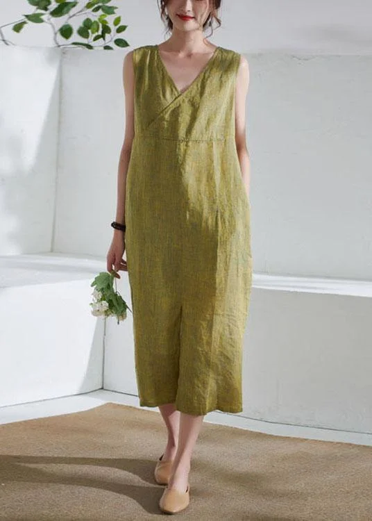 Women's Seasonal Clothes Luxe Layering Bohemian Yellow Pockets Patchwork Summer Linen Long Dress Sleeveless