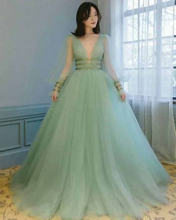 Women's Evening Outfit Green tulle prom dress deep v neck party dress puffy sleeves A-line gown  cg6434